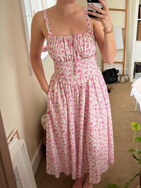 Pink Floral Midi Dress with Smocked Waist